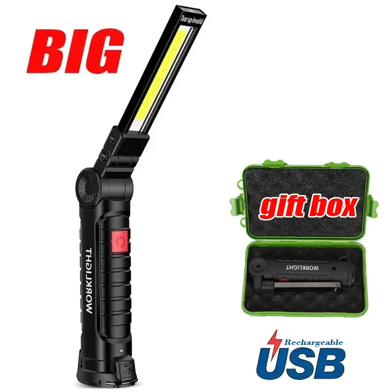 Portable COB LED Work Light USB Rechargeable LED Flashlight Inspection Lamp With Magnetic Hook Power Bank 18650 Battery Torch