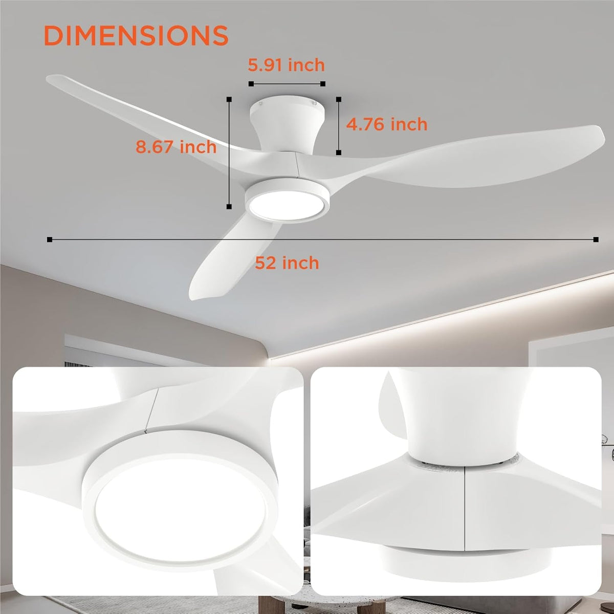 52 Inch Ceiling Fan With Remote And Quiet DC Motor For Bedroom And