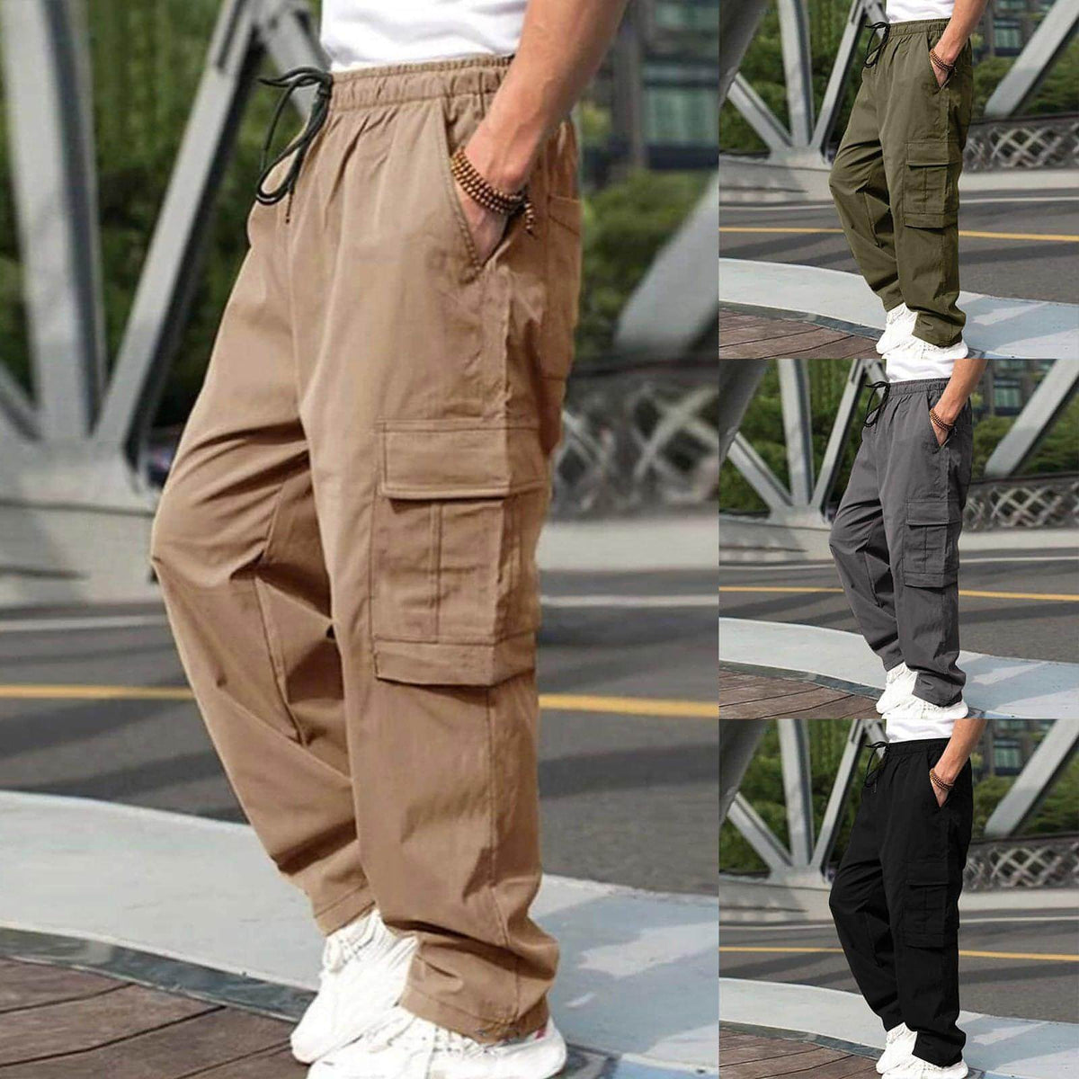 Casual Cargo Pants For Men Loose Straight Drawstring Waist Trousers