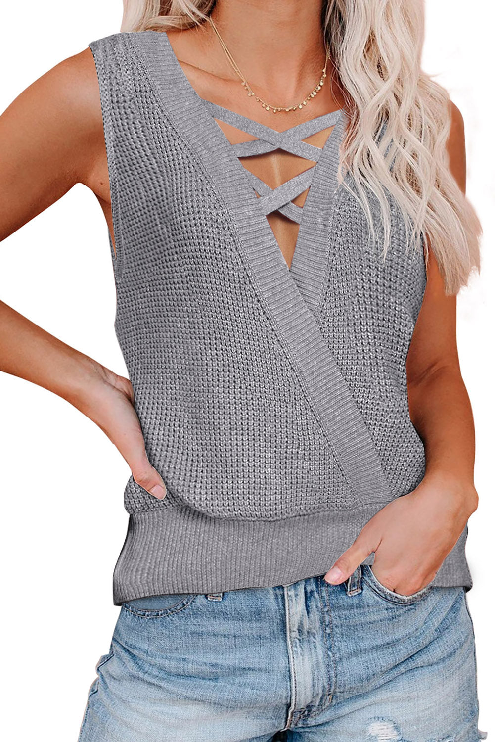 Gray Crisscross Hollow-out Knit Tank Top