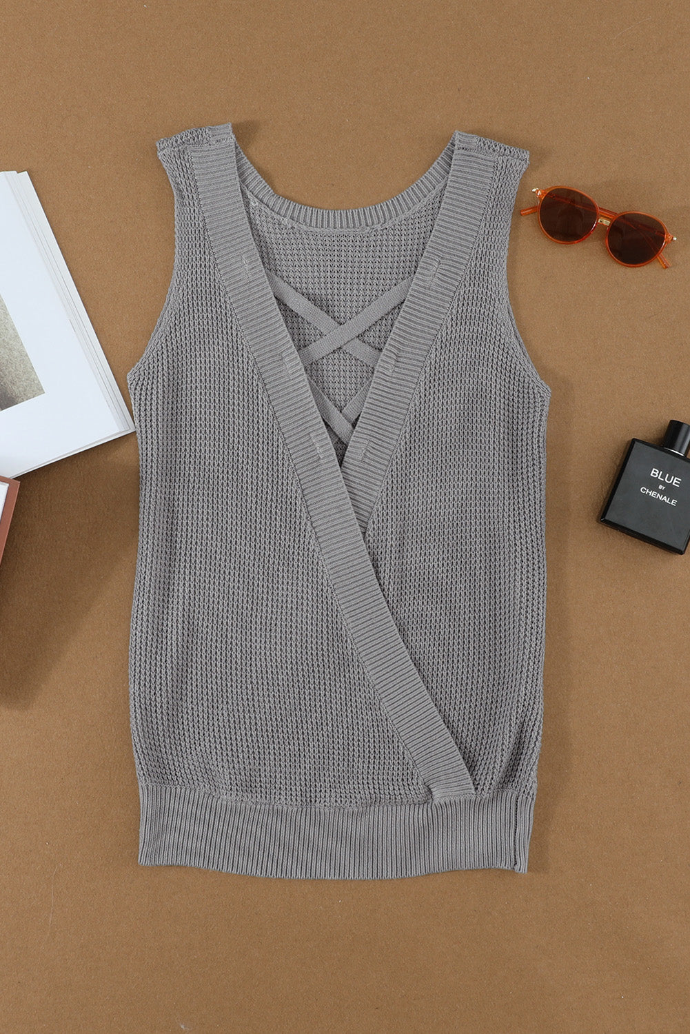 Gray Crisscross Hollow-out Knit Tank Top