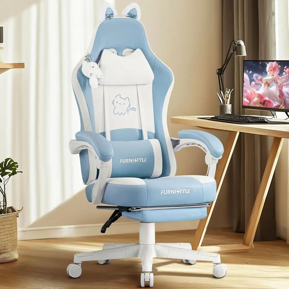 Ergonomic Blue/White Gaming Chair with Lumbar Support and Massage Features for Comfortable Gaming