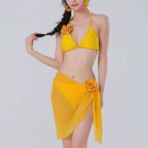 2026 New Women's Thai Style Yellow Floral 3 Piece Swimsuit Set Sexy