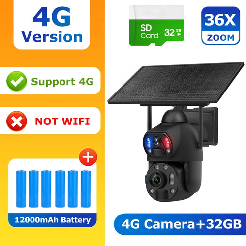 SHIWOJIA 4K 8MP 36X Zoom 4G Solar Camera Dual Lens Dual Screen Human