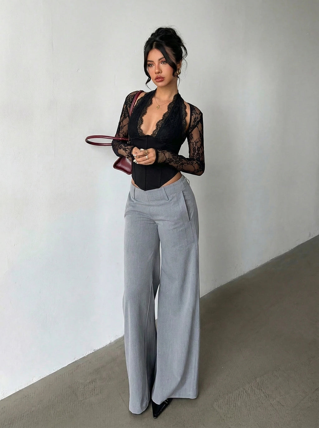 Elegant Women Black Halter Deep V Lace Long Sleeve Top, Slim Corset