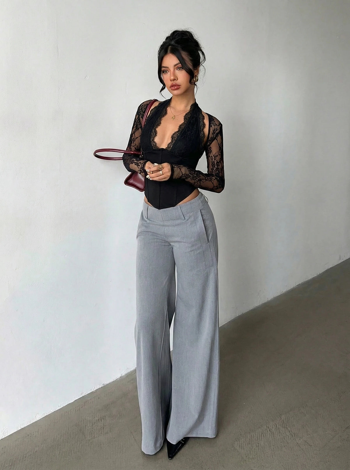 Elegant Women Black Halter Deep V Lace Long Sleeve Top, Slim Corset