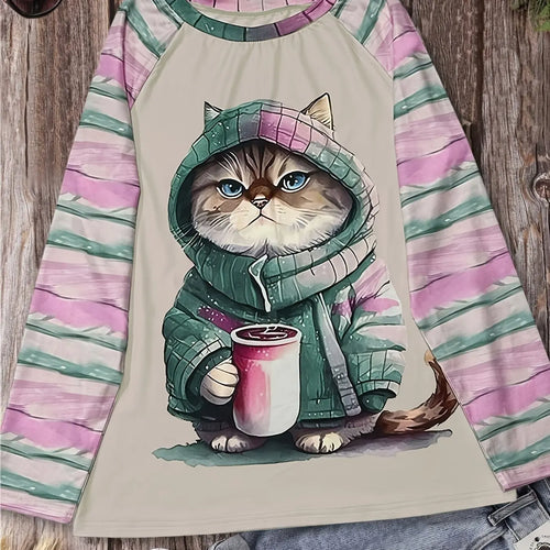 Women's Coffee Cat Print Top White Pink Grey Stripe Sleeve Cute Long