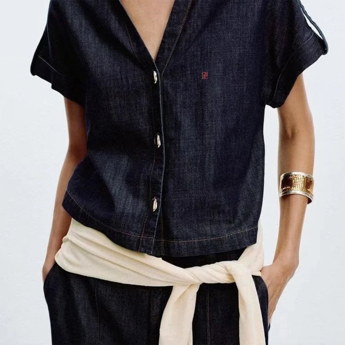 CH Dark Blue Denim Suit Loose Button-Down Denim Shirt High-Waisted