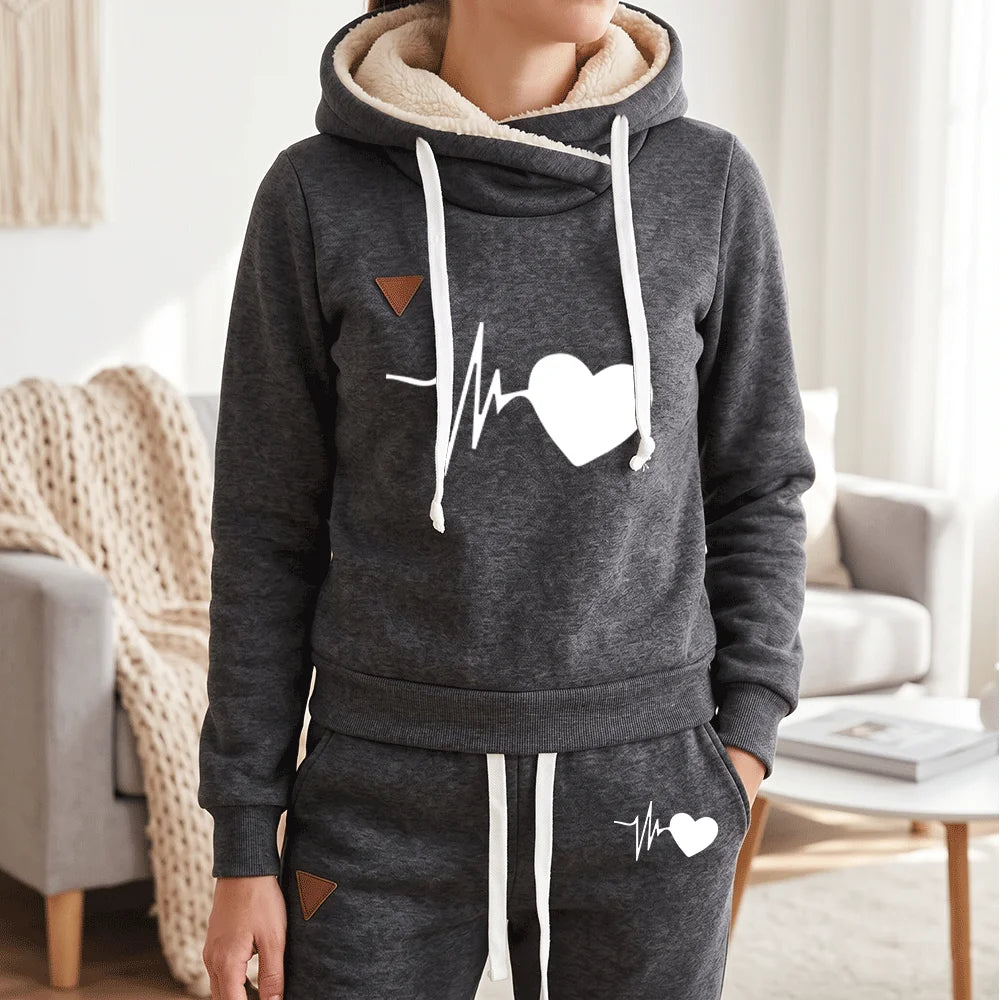 Winter Warm 2 Piece Set Women Fleece Tracksuit Heart Print Pullover