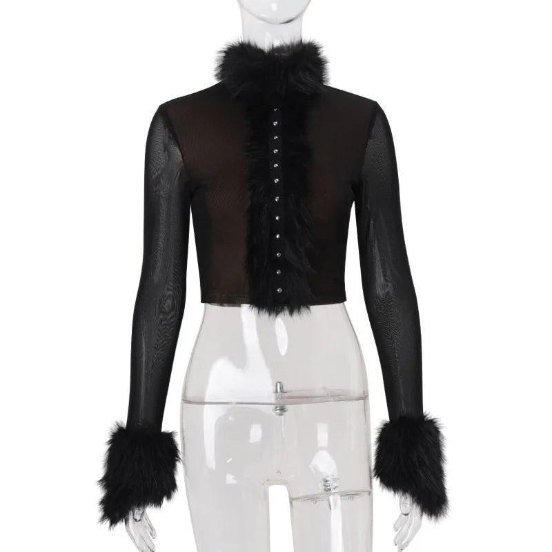 2026 Winter Hot Girl Black Mesh Fur Collar Long Sleeve T-Shirt Women