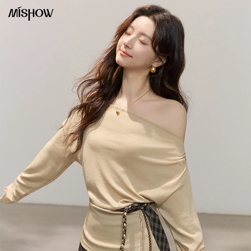 MISHOW Women Lyocell Wool Off Shoulder Knit Top 2026 Spring New Ruched