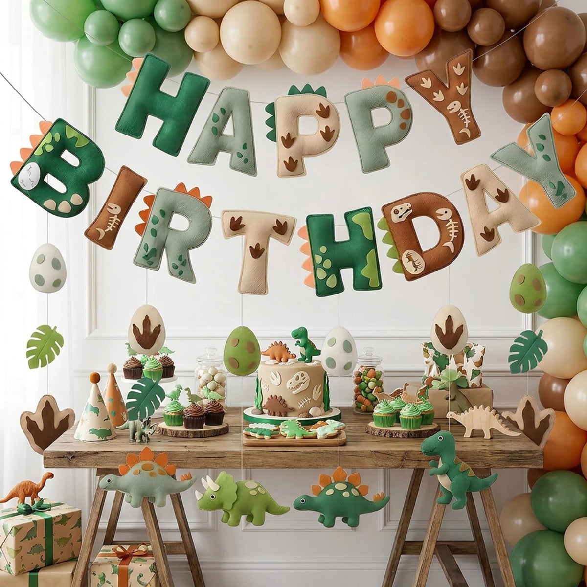 2D Felt Green Cute Dinosaur Theme Banner Hanging Garland Party for