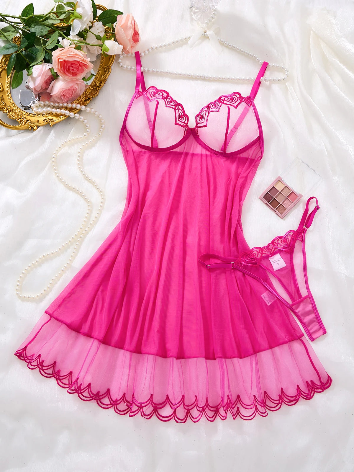 Ladies Hot Pink Sheer Mesh Babydoll Nightgown Floral Lace Embroidery