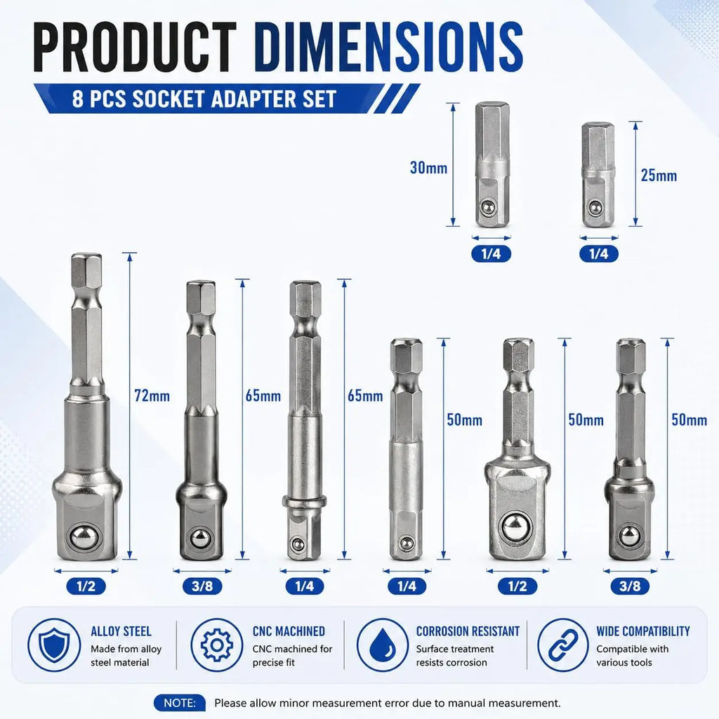 8Pcs Impact Socket Adapter Set, 1/4 3/8 1/2 Hex Shank Square Nut