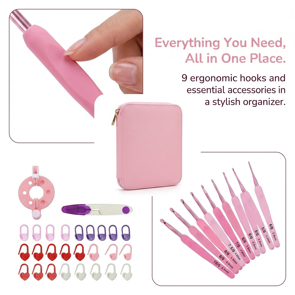 34pcs/set Crochet Hook Kit 2.5-6cm Ergonomic Soft Handle Aluminum