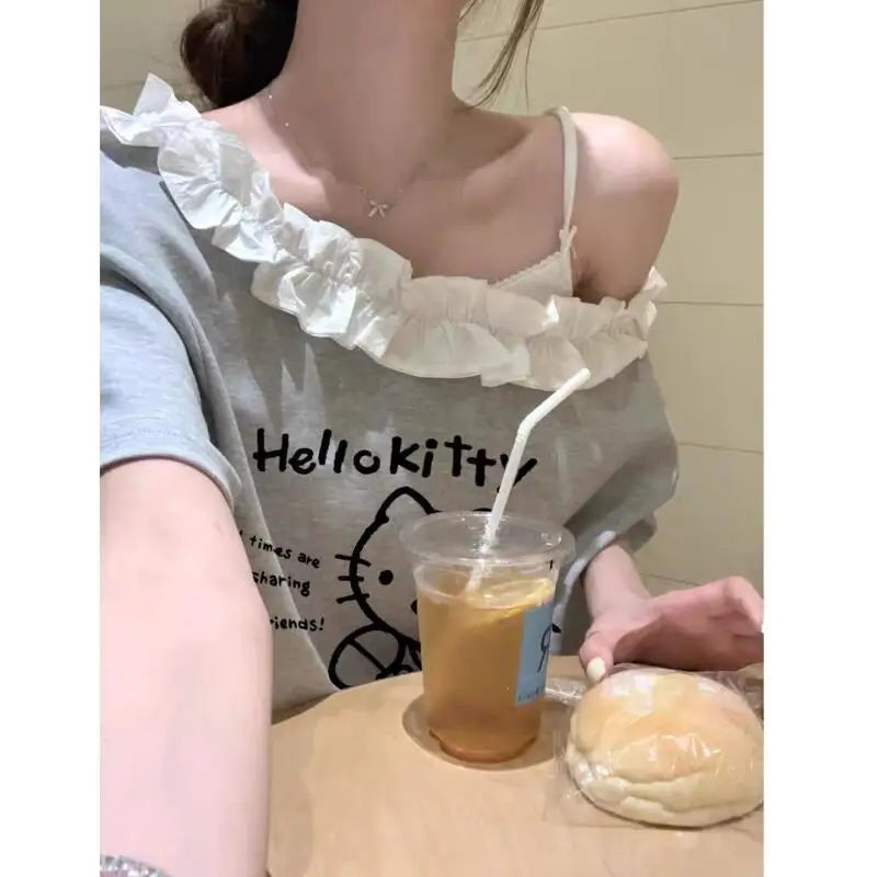 T-Shirt Ruffled Hello Kitty Off Shoulder Short Sleeved Sanrio Loose