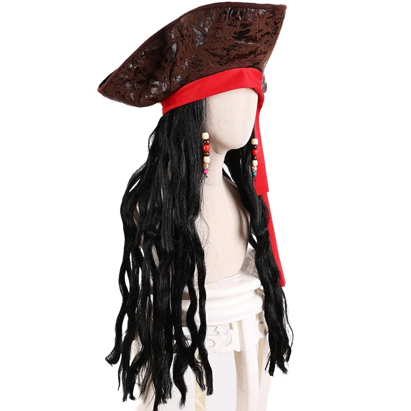 Halloween Pirate Costume Accessory Set Long Black Curly Wig Medieval