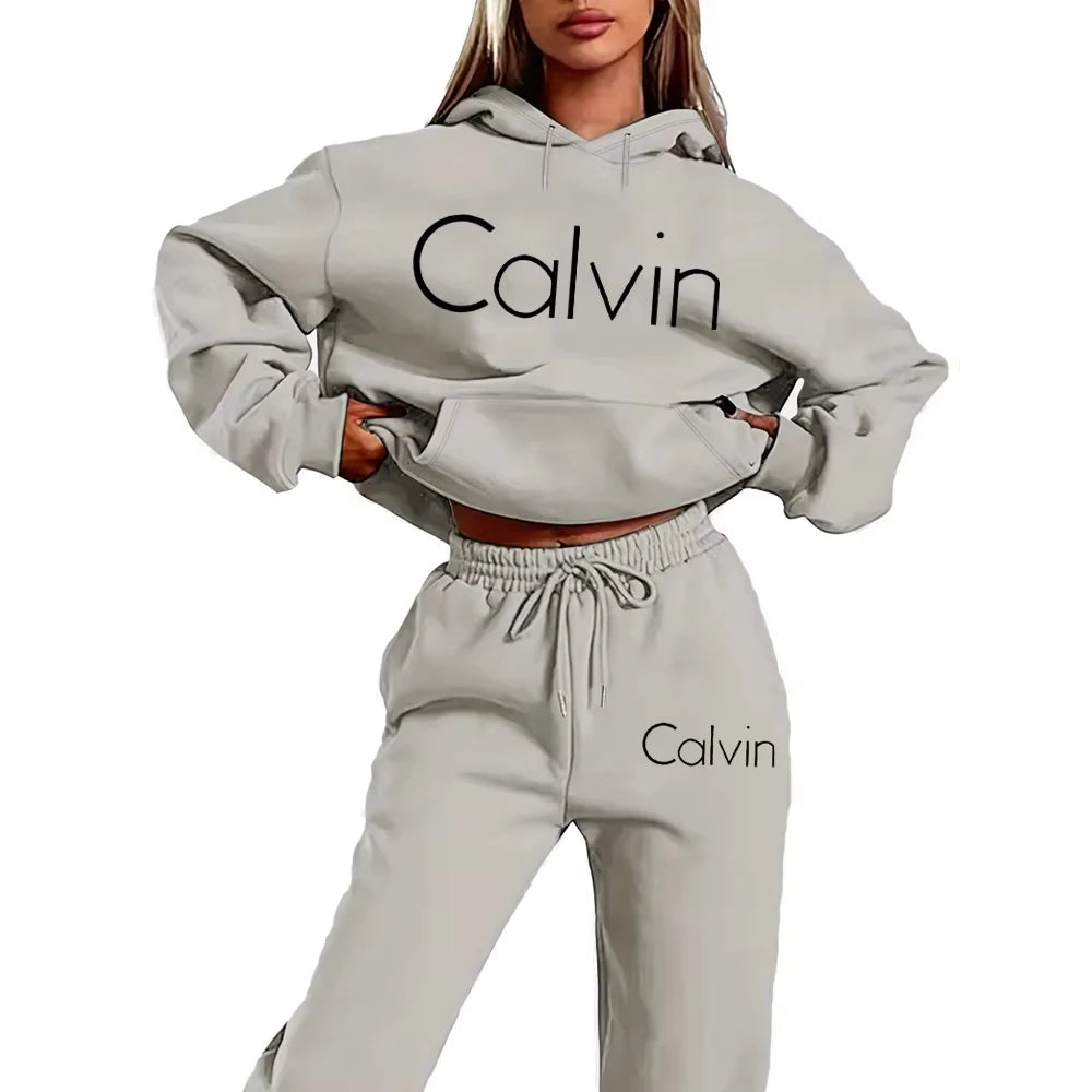 Men Women Printed Hoodie 2‑Piece Tracksuit, Casual Long‑Sleeve