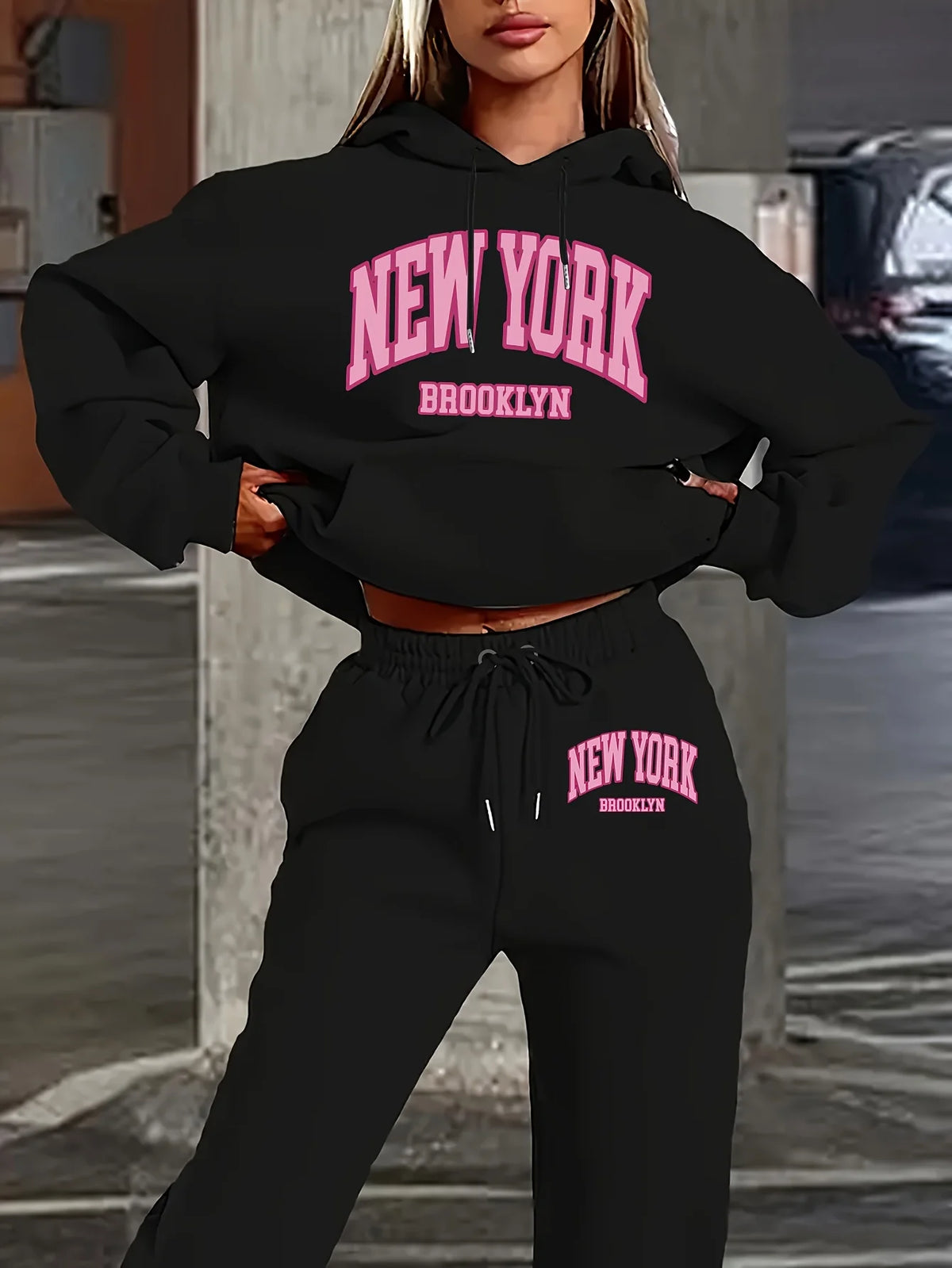 Women 2Pcs Letter Print Outfit, Hoodie and Sweatpants Set, Ladies