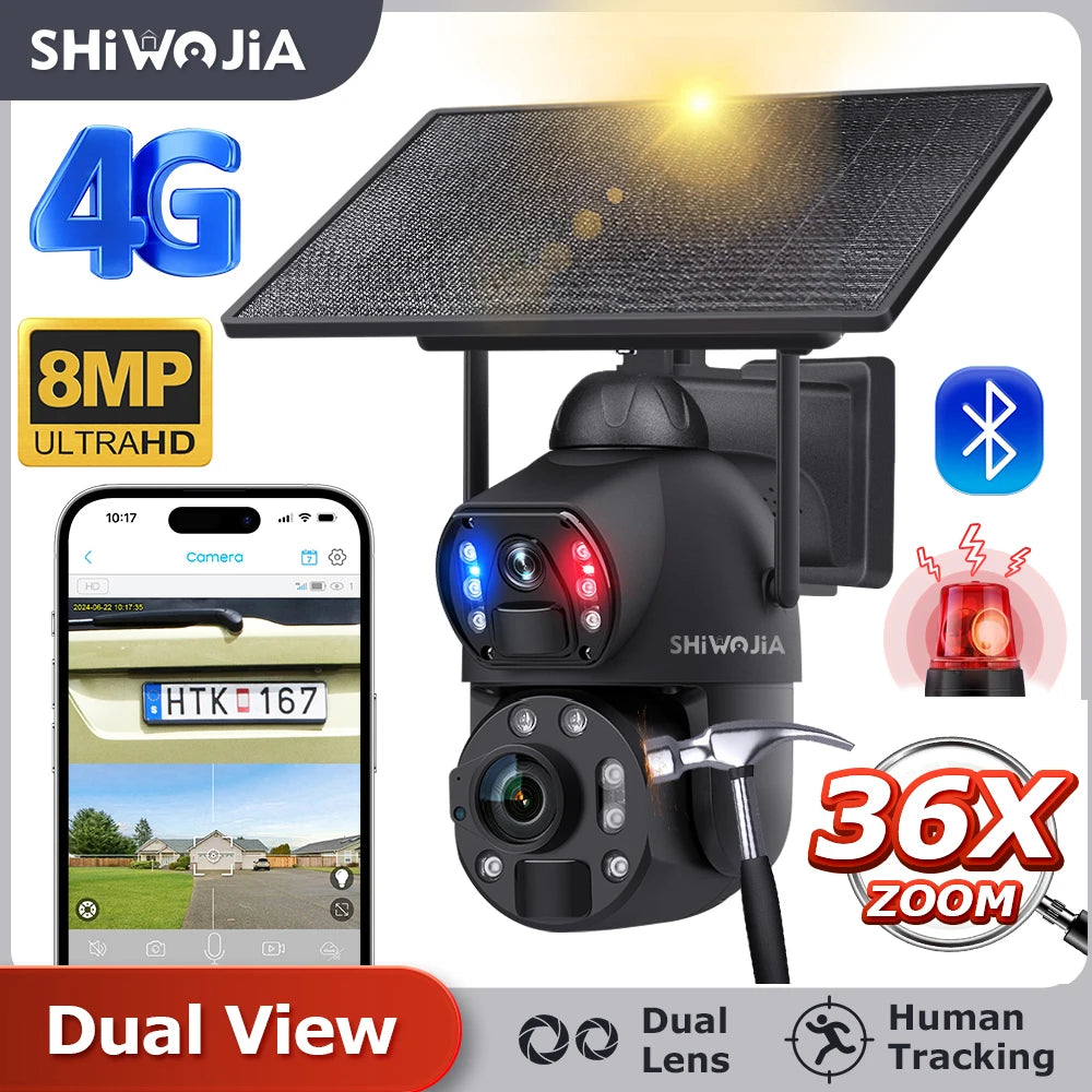 SHIWOJIA 4K 8MP 36X Zoom 4G Solar Camera Dual Lens Dual Screen Human