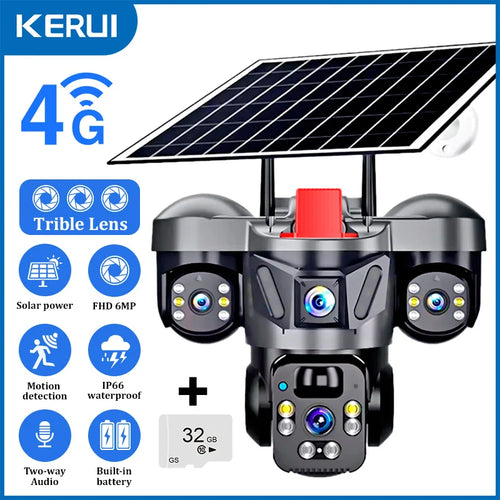 KERUI Outdoor PTZ 6MP 4G SIM WIFI Solar Panel Triple Lens Camera Home