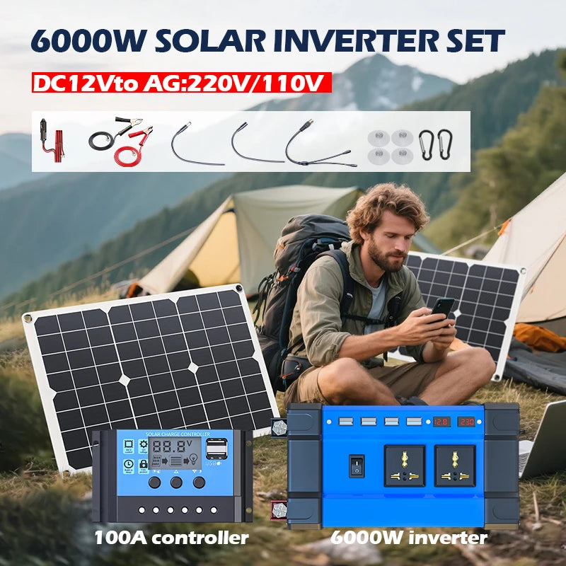 6000W Complete Solar Power Kit 12V to 110V/220V Off-Grid System 100A