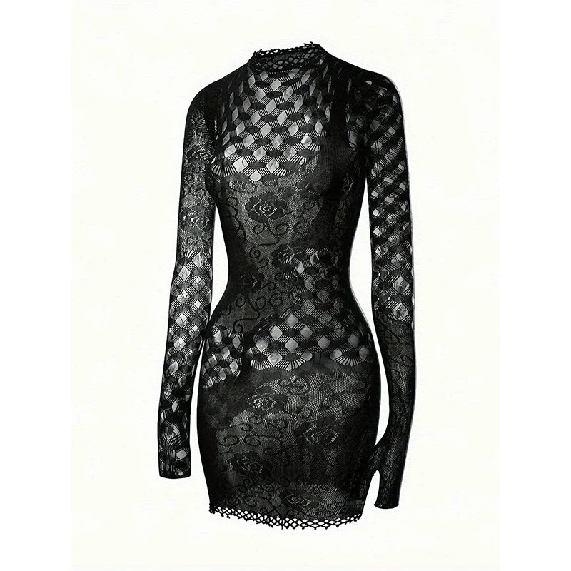 Hollow Out Fishnet Beach Cover Up Bodycon Dress, Sheer Mesh Festival