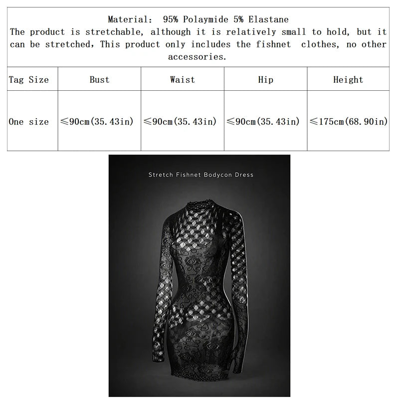 Hollow Out Fishnet Beach Cover Up Bodycon Dress, Sheer Mesh Festival
