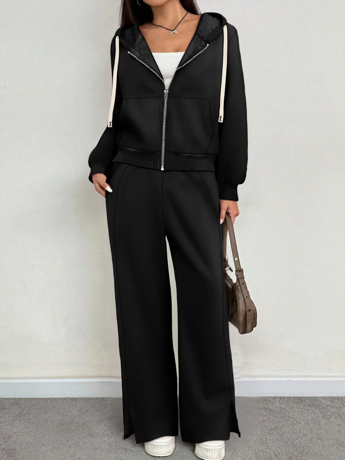 Women 2 Piece Outfit Zip Up Cropped Hoodie Split Wide Leg Pants Set