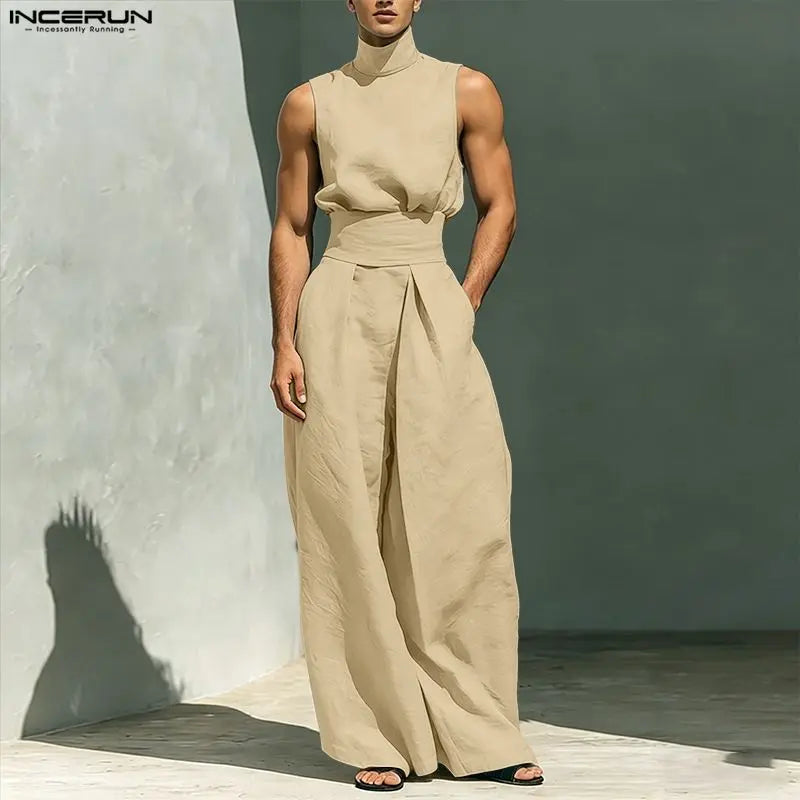 INCERUN Men's Sets Solid Color Turtleneck Sleeveless Vests Pants 2