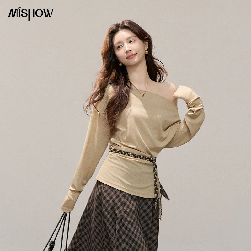 MISHOW Women Lyocell Wool Off Shoulder Knit Top 2026 Spring New Ruched