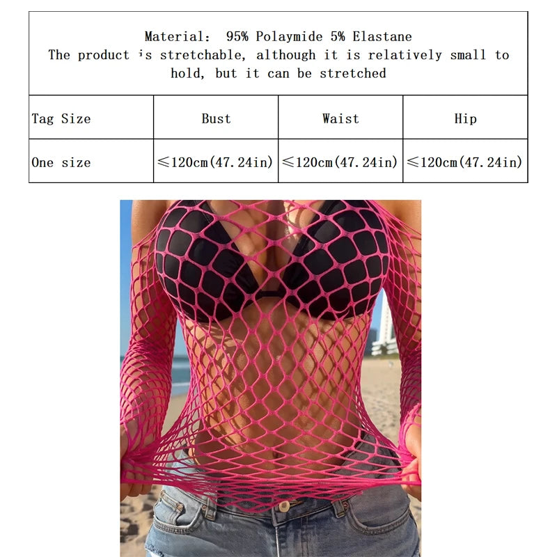 1 PC Long Sleeve Hollow Out See-through Fishnet Top Women Summer