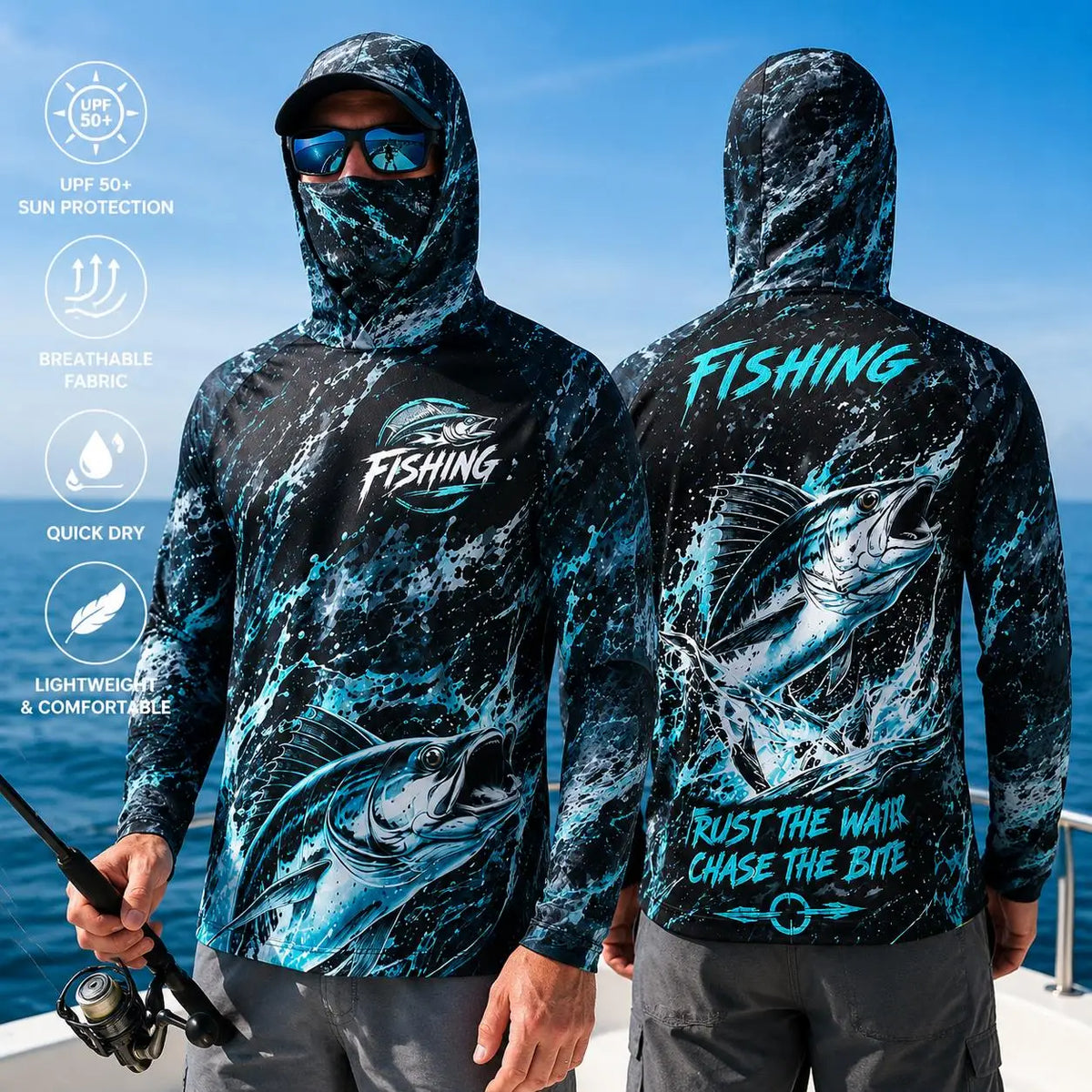 Men's Hooded Fishing Shirt, UPF Sun Protection, Breathable, Long