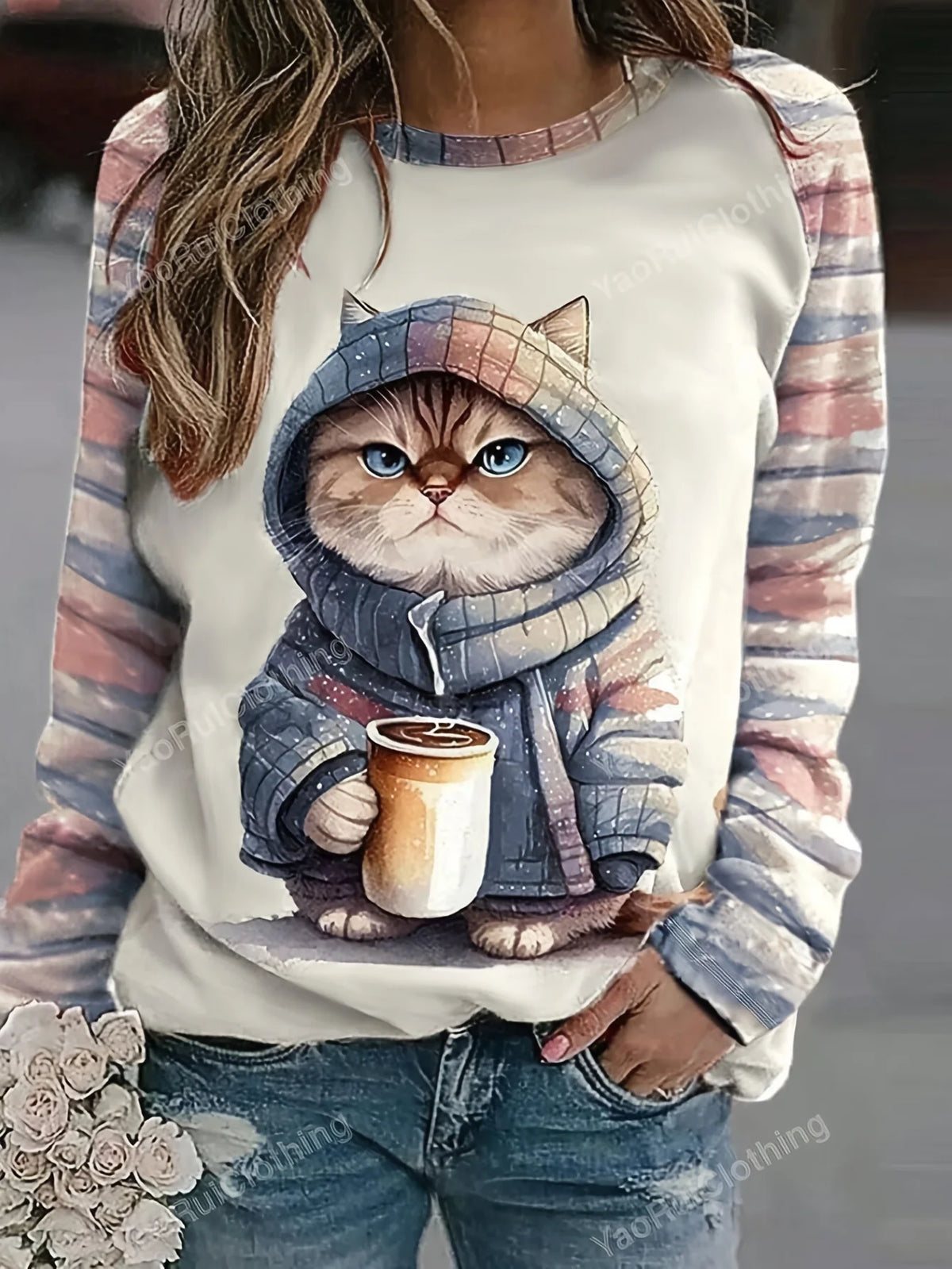 Women's Coffee Cat Print Top White Pink Grey Stripe Sleeve Cute Long