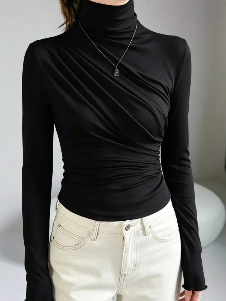 Autumn Women Turtleneck Long Sleeve Top Elegant Diagonal Ruched Slim