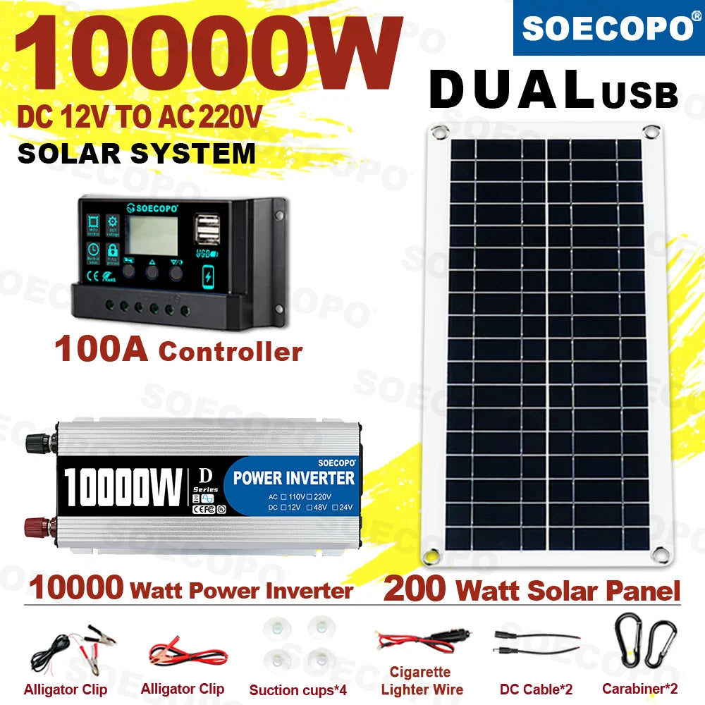 Solar System 10000W Complete Kit 12V To 220V 100A Controller 200W