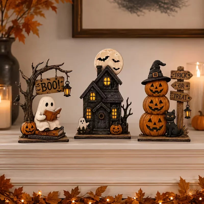 3pcs Halloween Wooden Decor Set, Vintage Autumn Shelf Decorations,