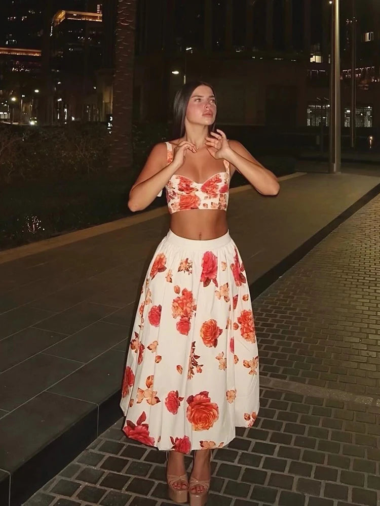 Chic Rose Floral Print Two Piece Suit Sexy Shoulder Bustier Top High