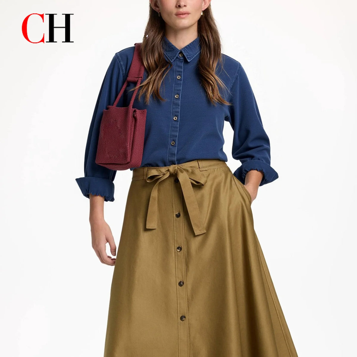CH Embroidered Denim Long Sleeve Shirt Women Point Collar Regular Fit