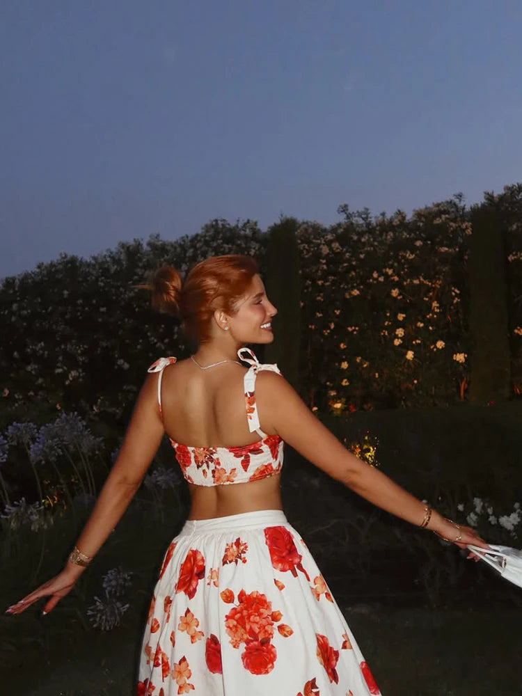 Chic Rose Floral Print Two Piece Suit Sexy Shoulder Bustier Top High