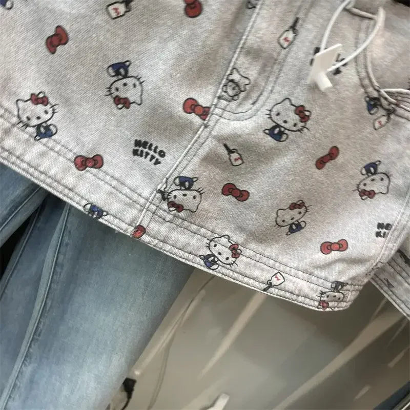 2026 Anime Hello Kitty Bow Printed Denim Skirt for Women Spring Summer