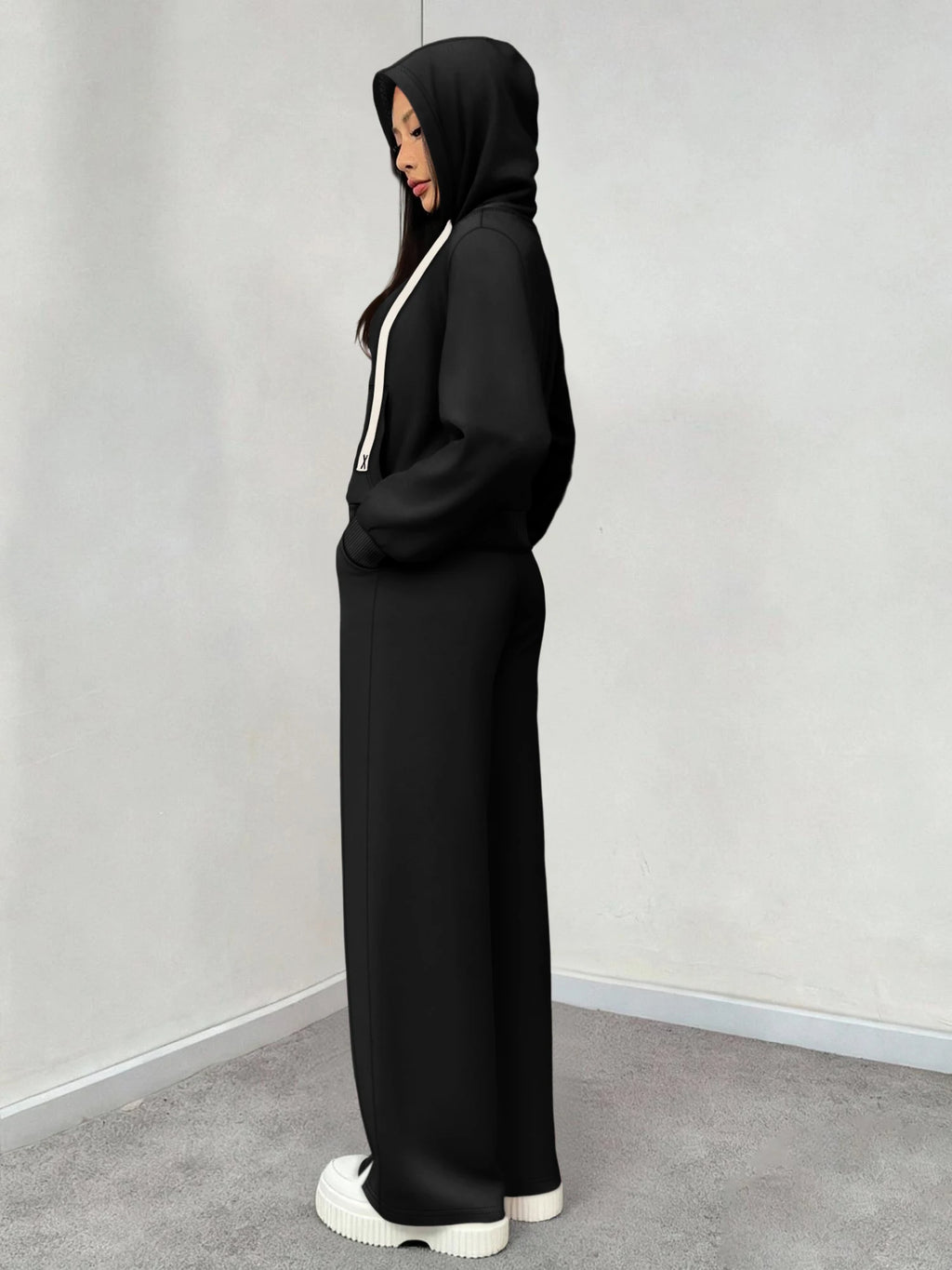 Women 2 Piece Outfit Zip Up Cropped Hoodie Split Wide Leg Pants Set