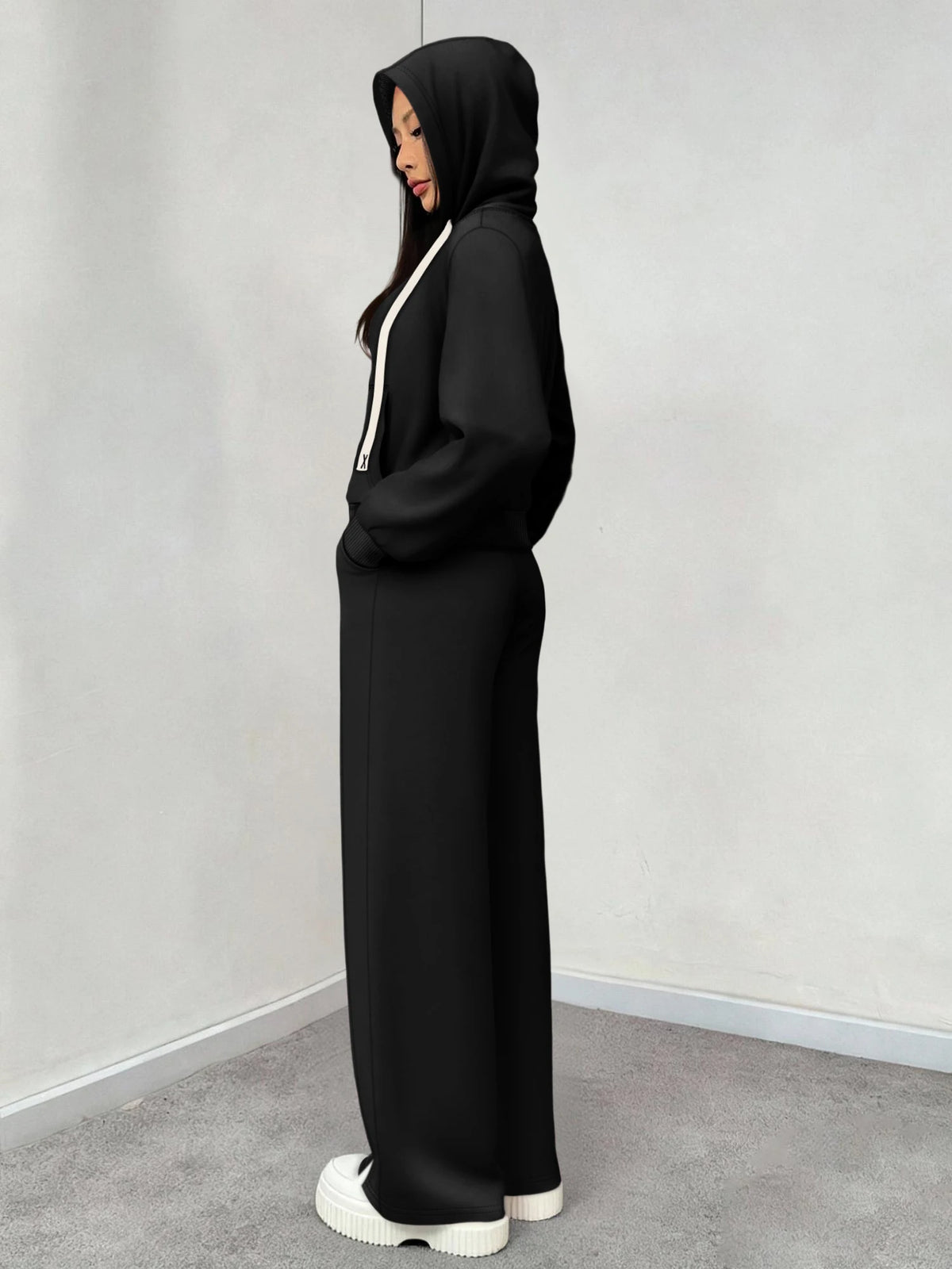 Women 2 Piece Outfit Zip Up Cropped Hoodie Split Wide Leg Pants Set