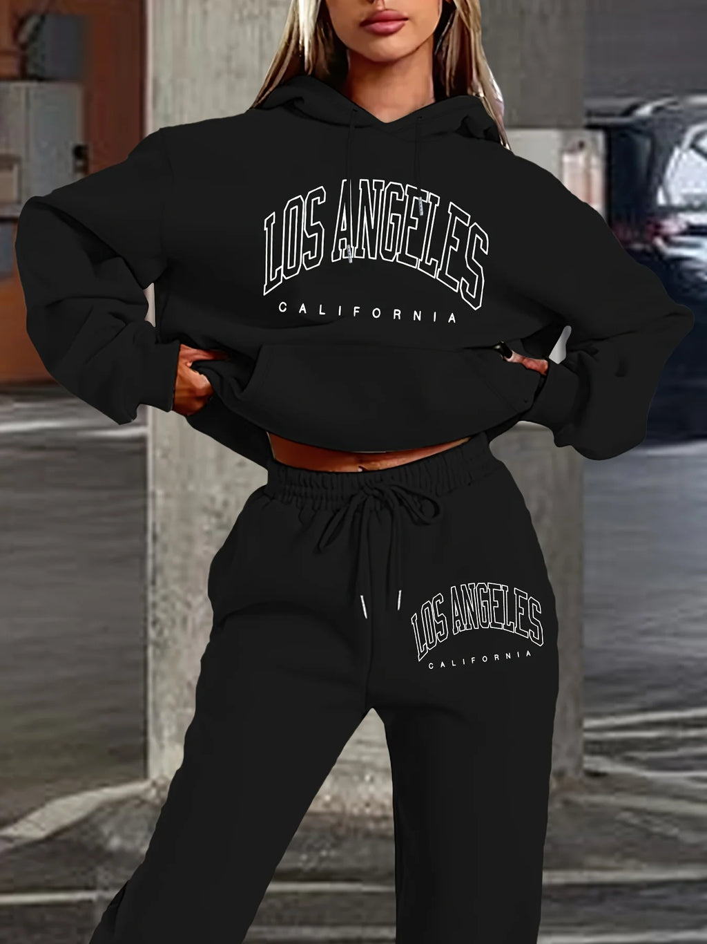 Women New Letter Graphic Print Hoodie Long Pants 2‑Piece Set Long