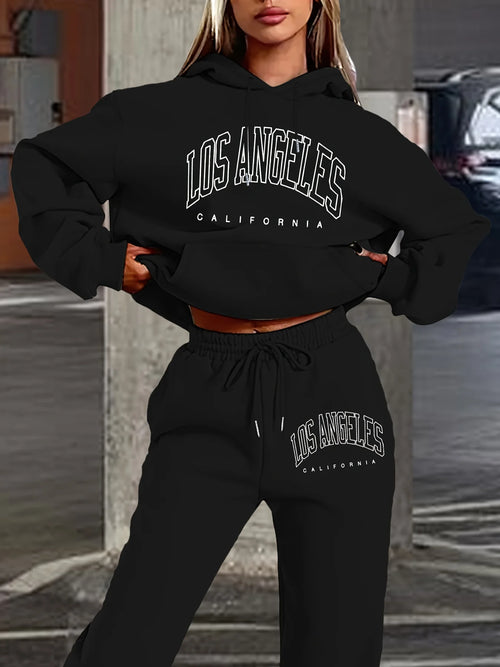 Women New Letter Graphic Print Hoodie Long Pants 2‑Piece Set Long