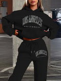 Women New Letter Graphic Print Hoodie Long Pants 2‑Piece Set Long