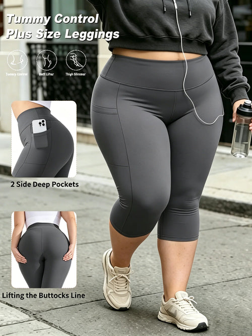 Capri Plus Size Leggings for Women with Pockets-Stretchy  Tummy