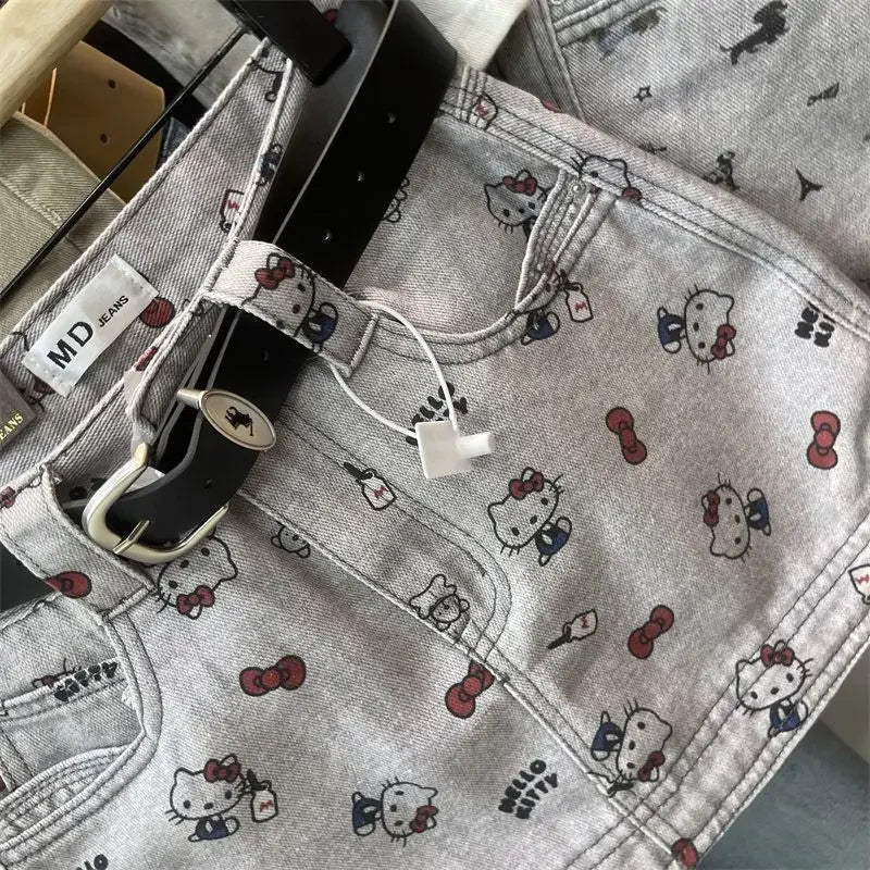 2026 Anime Hello Kitty Bow Printed Denim Skirt for Women Spring Summer