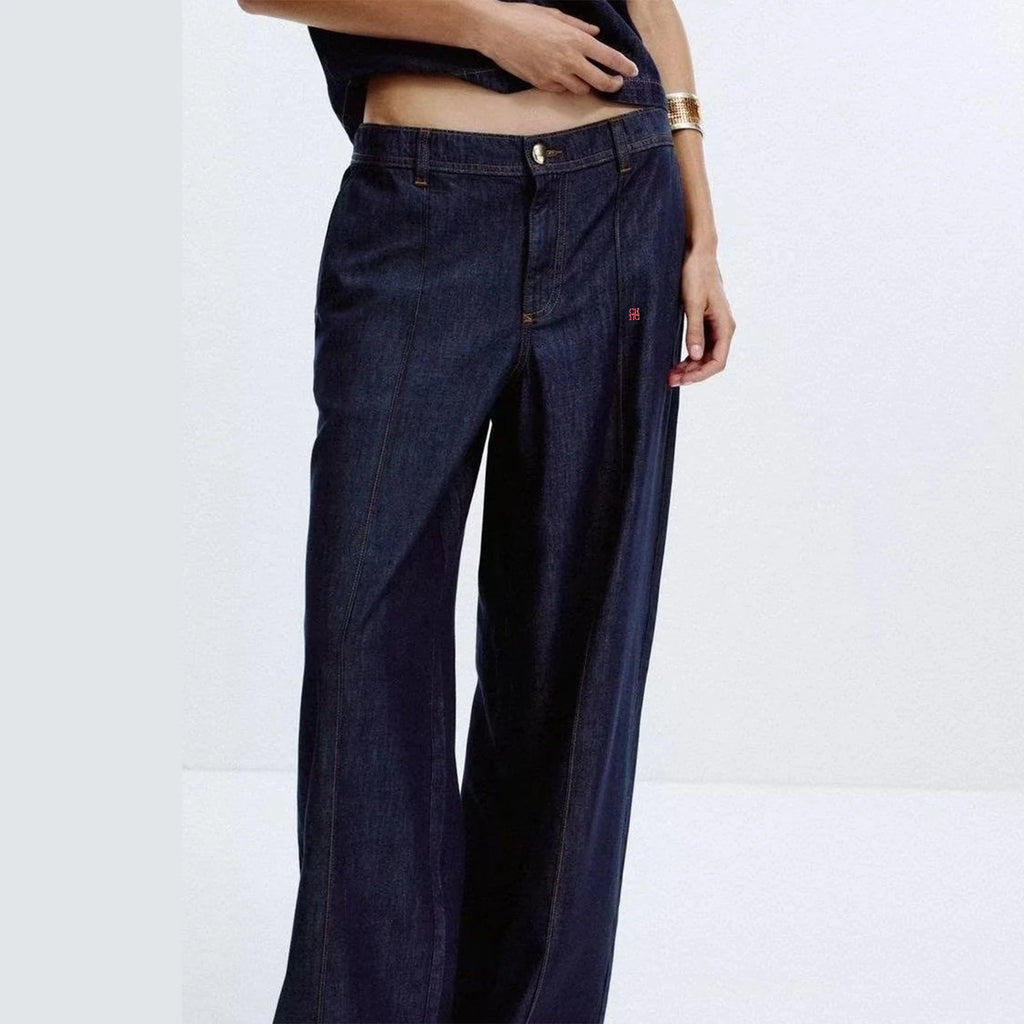 CH Dark Blue Denim Suit Loose Button-Down Denim Shirt High-Waisted