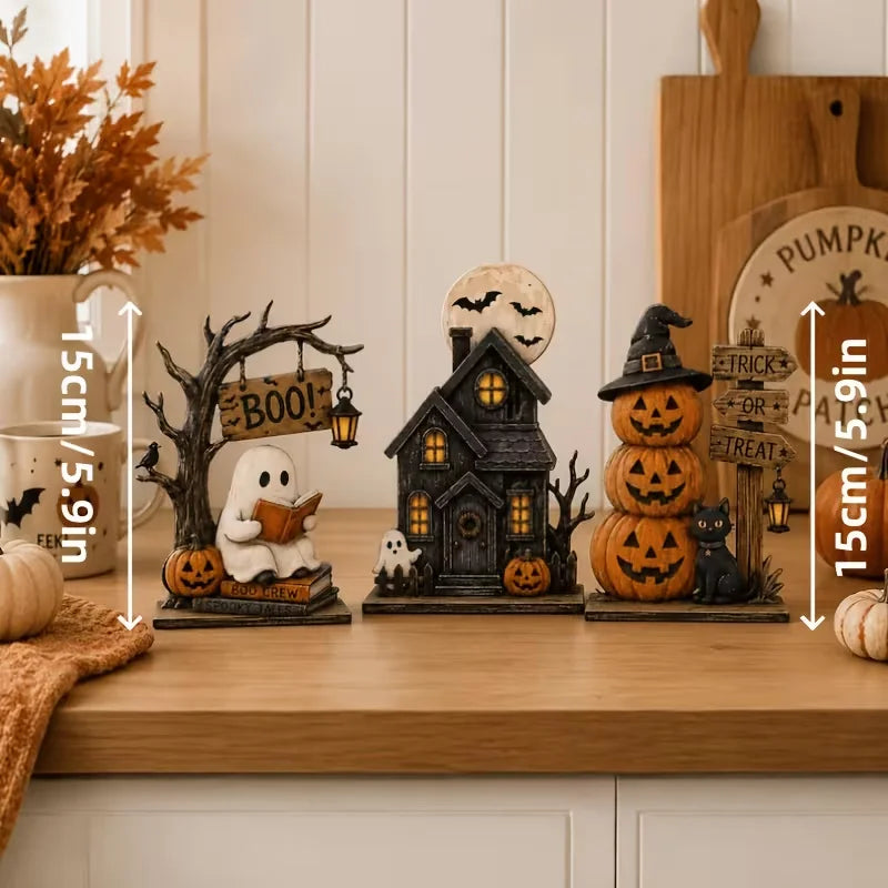 3pcs Halloween Wooden Decor Set, Vintage Autumn Shelf Decorations,